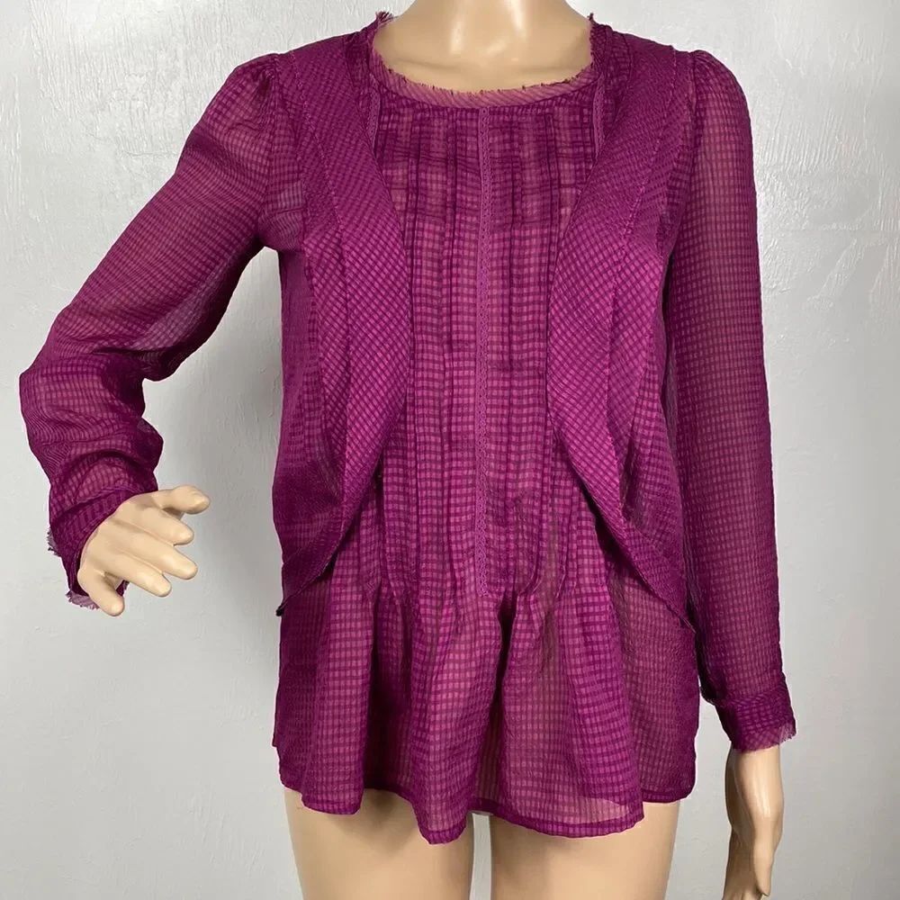 HD In Paris Anthropologie Thistleberry Ruffle Semi-Sheer Blouse in Magenta sz 2